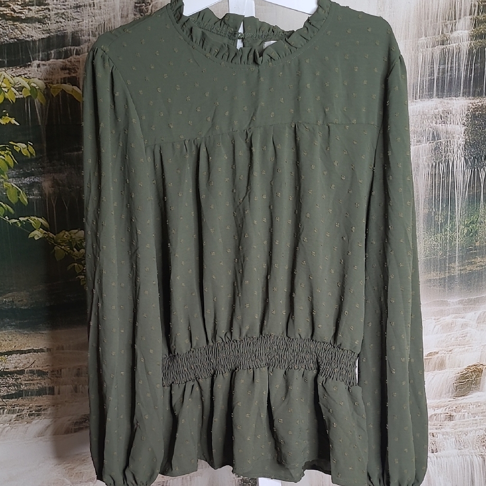NWT! Missky Womens XXL Olive Green Swiss Dot Long Sleeve Ruffle Blouse